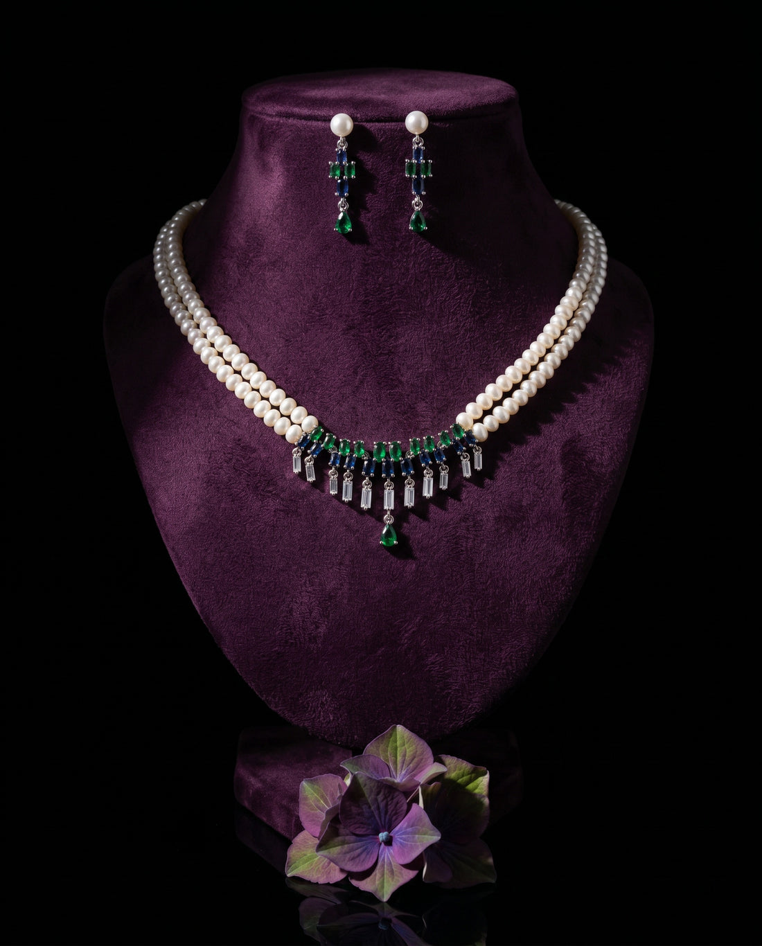 Double-Strand Pearl & CZ Deco Fringe Jewellery Set