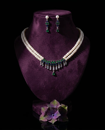 Double-Strand Pearl & CZ Deco Fringe Jewellery Set