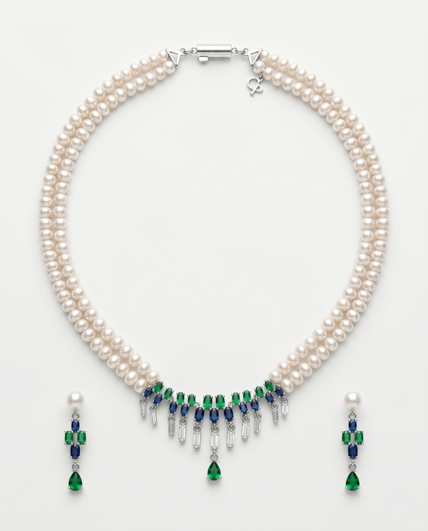 Double-Strand Pearl & CZ Deco Fringe Jewellery Set