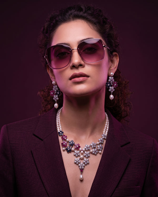 Double-Strand Pearl Blossom Statement CZ Necklace Set