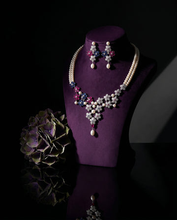 Double-Strand Pearl Blossom Statement CZ Necklace Set