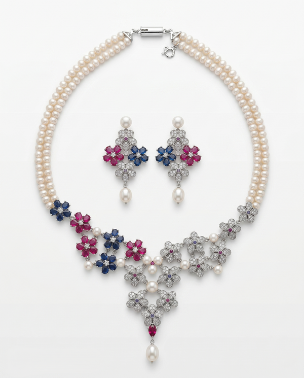 Double-Strand Pearl Blossom Statement CZ Necklace Set