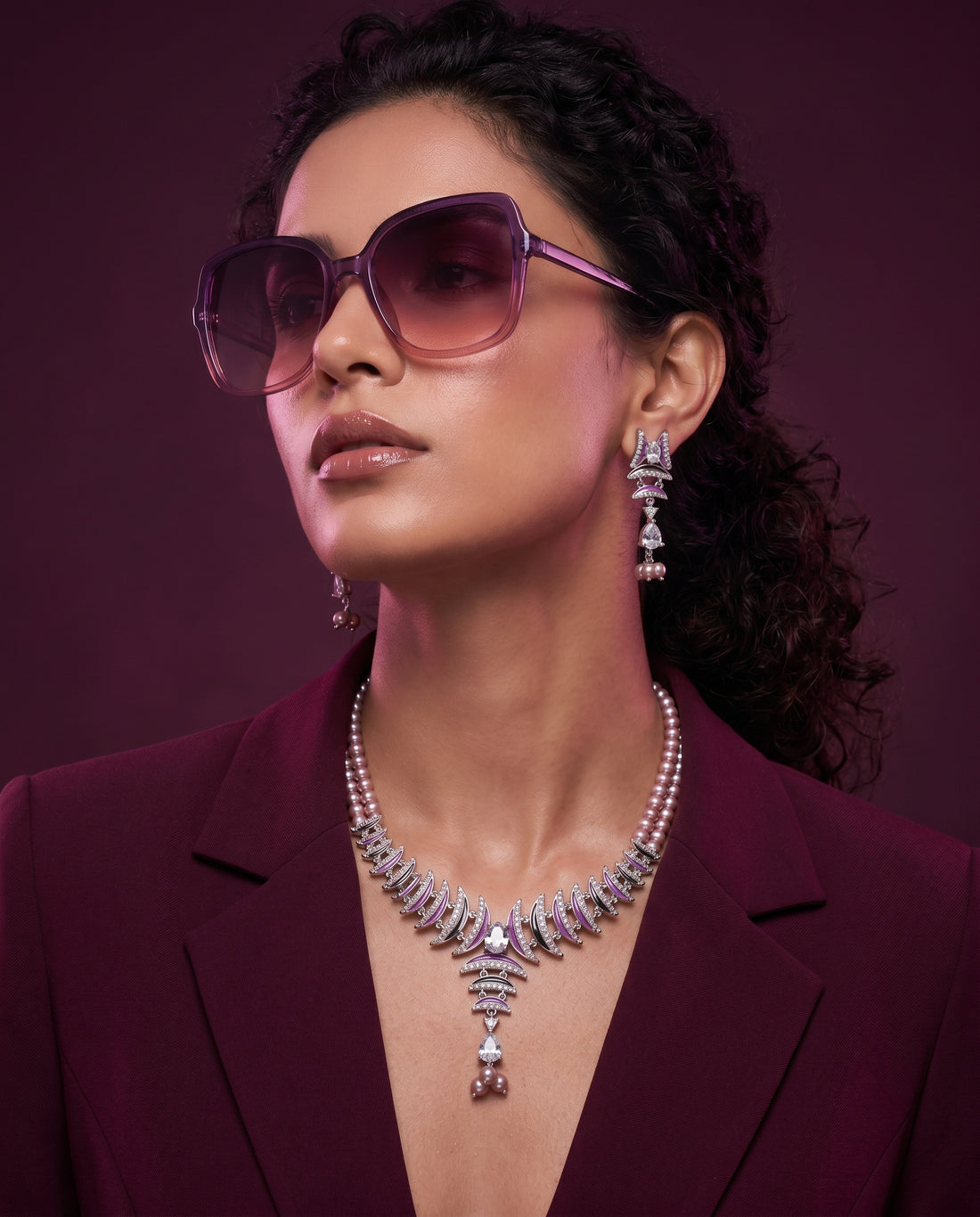 Double-Strand Mauve Pearl & Purple Enamel CZ Necklace Set