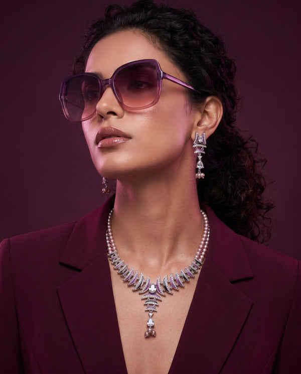 Double-Strand Mauve Pearl & Purple Enamel CZ Necklace Set