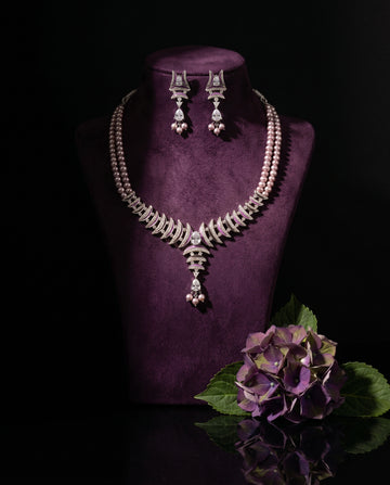 Double-Strand Mauve Pearl & Purple Enamel CZ Necklace Set