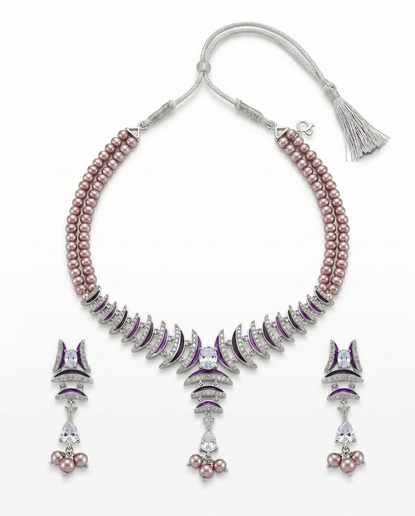 Double-Strand Mauve Pearl & Purple Enamel CZ Necklace Set