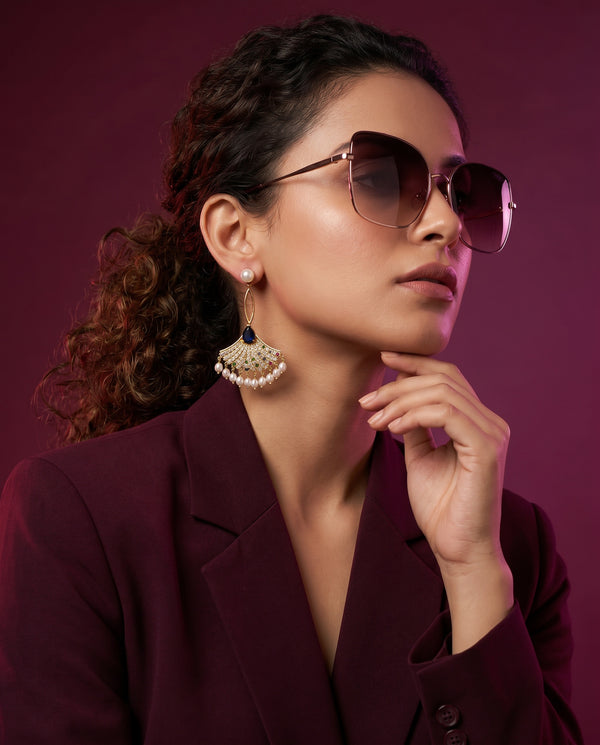 Gold Plated Art Deco Fan Pearls Drop Earrings