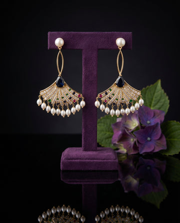 Gold Plated Art Deco Fan Pearls Drop Earrings