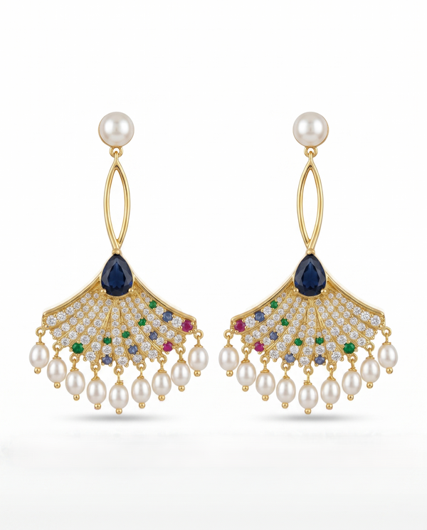 Gold Plated Art Deco Fan Pearls Drop Earrings