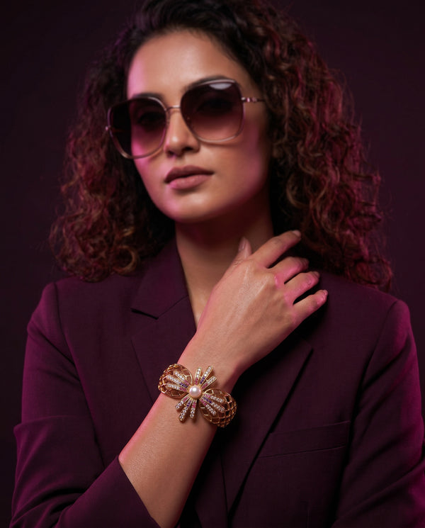 Royal Sunburst Pearl & Crystal Statement Cuff Bangle