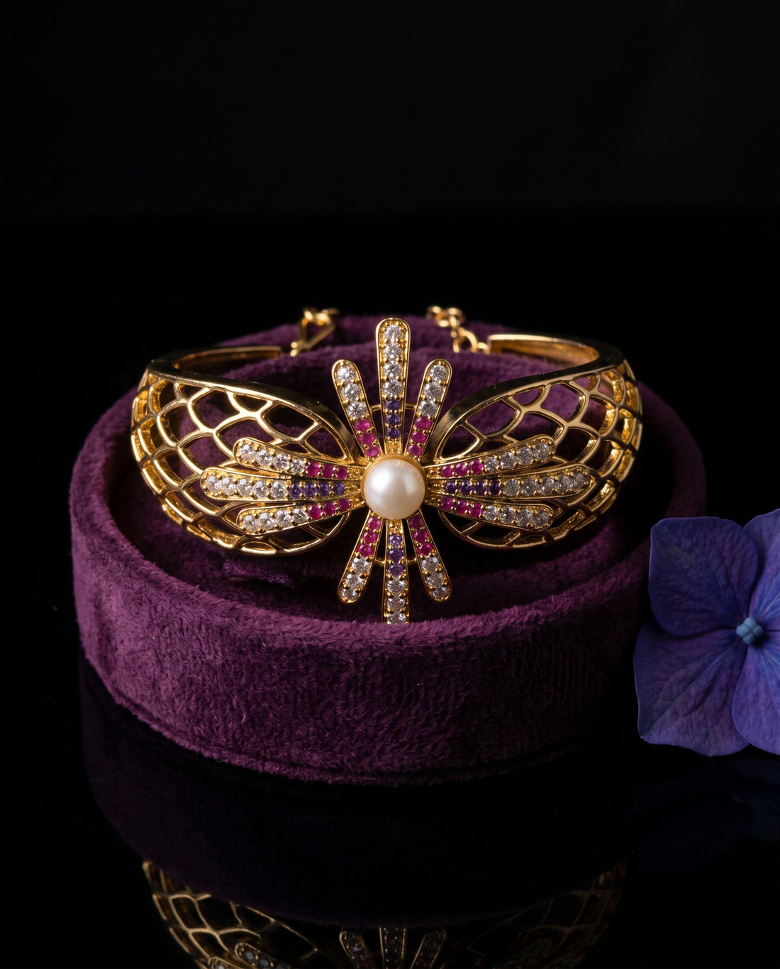 Royal Sunburst Pearl & Crystal Statement Cuff Bangle
