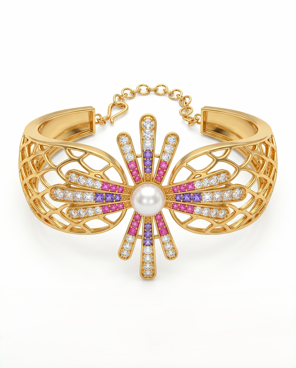 Royal Sunburst Pearl & Crystal Statement Cuff Bangle