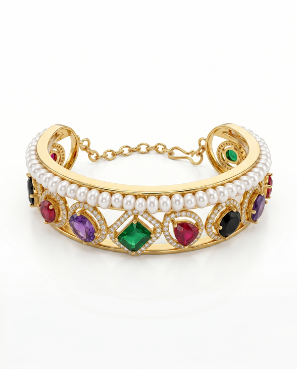 Gold- Plated Multi-Gemstone Pearl Cuff Bangle