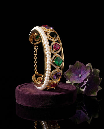 Gold- Plated Multi-Gemstone Pearl Cuff Bangle