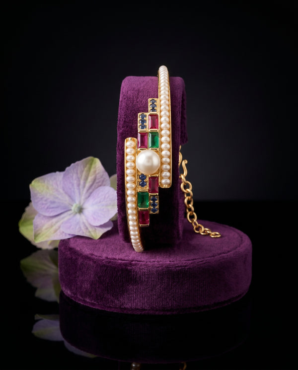 Gold-Plated Geometric Art Deco Pearl Cuff Bracelet