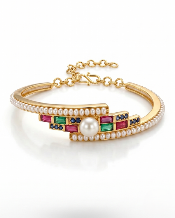 Gold-Plated Geometric Art Deco Pearl Cuff Bracelet