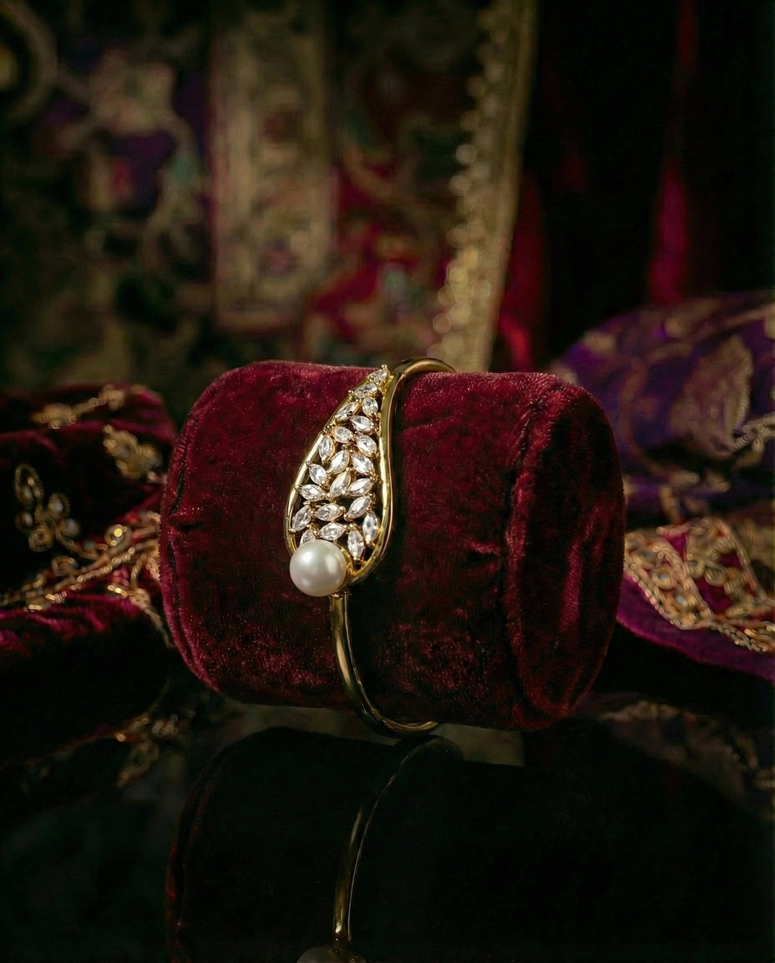 Gold-Plated CZ & Pearl Statement Bangle