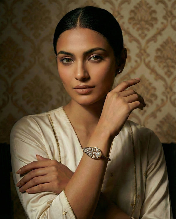 Gold-Plated CZ & Pearl Statement Bangle