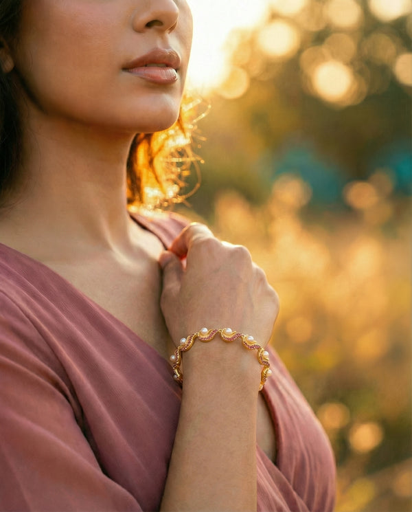 Gold Plated Ethereal Wave  Pearl Bracelet