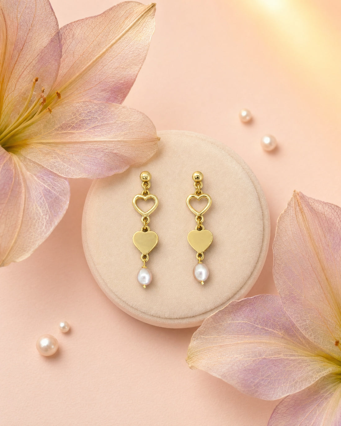 Dual Heart Golden Drop pearl Earrings