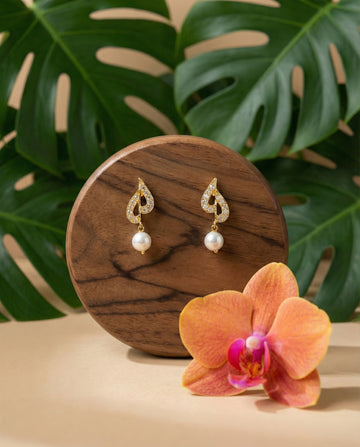 Gilded CZ & Pearl Drop Earrings