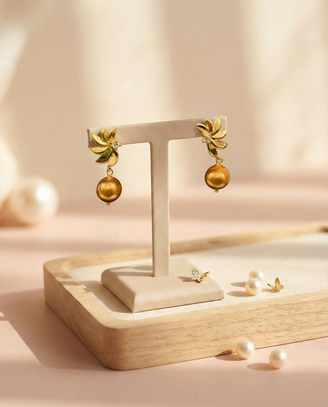 Floral Brown Fresh Water Pearl CZ Earrings