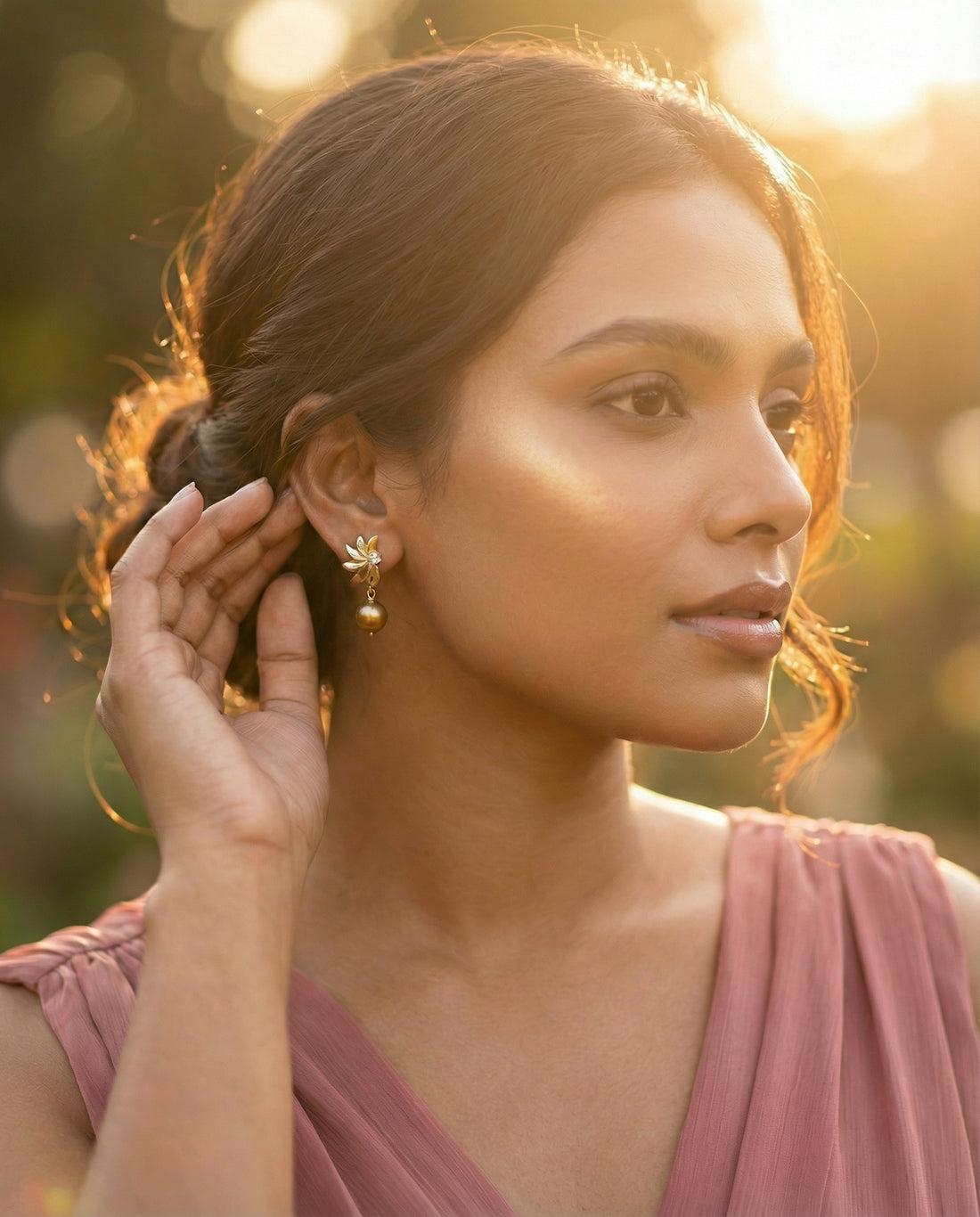 Floral Brown Fresh Water Pearl CZ Earrings