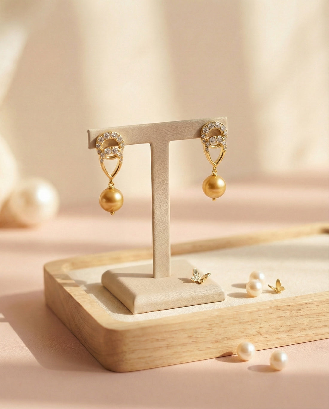 Golden Pearl and CZ Drop Earrings