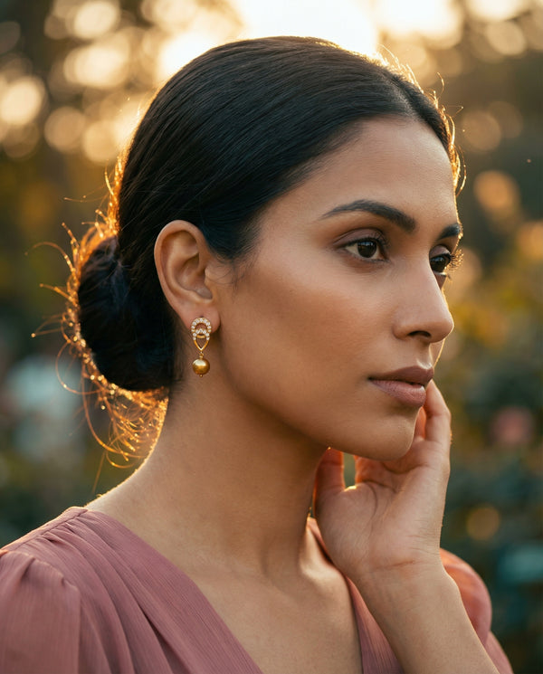 Golden Pearl and CZ Drop Earrings