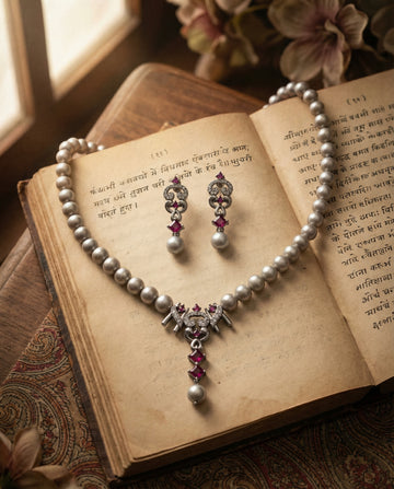 Royal Crimson Grey Pearl Jewellery Set