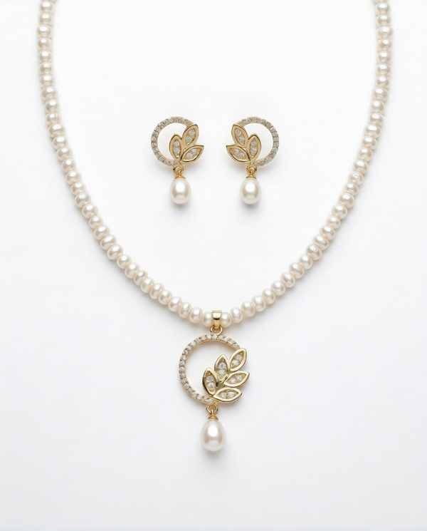 Lustrous Pearl Gold-Plated CZ Necklace and Earring Set