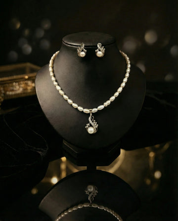 Contemporary Swirl Silver-Tone Ribbon Pearl Jewellery Set