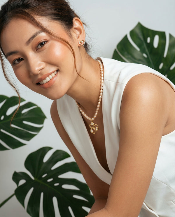 Triple Heart Clover Pearl Necklace Set