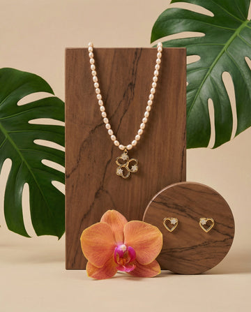 Triple Heart Clover Pearl Necklace Set