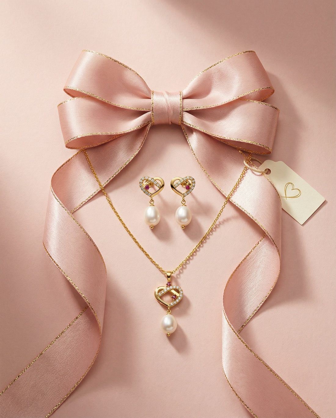 Dual Heart Ruby Accent Pearl Drop Pendant with Earrings Set