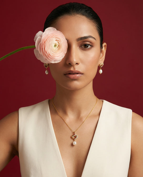 Dual Heart Ruby Accent Pearl Drop Pendant with Earrings Set