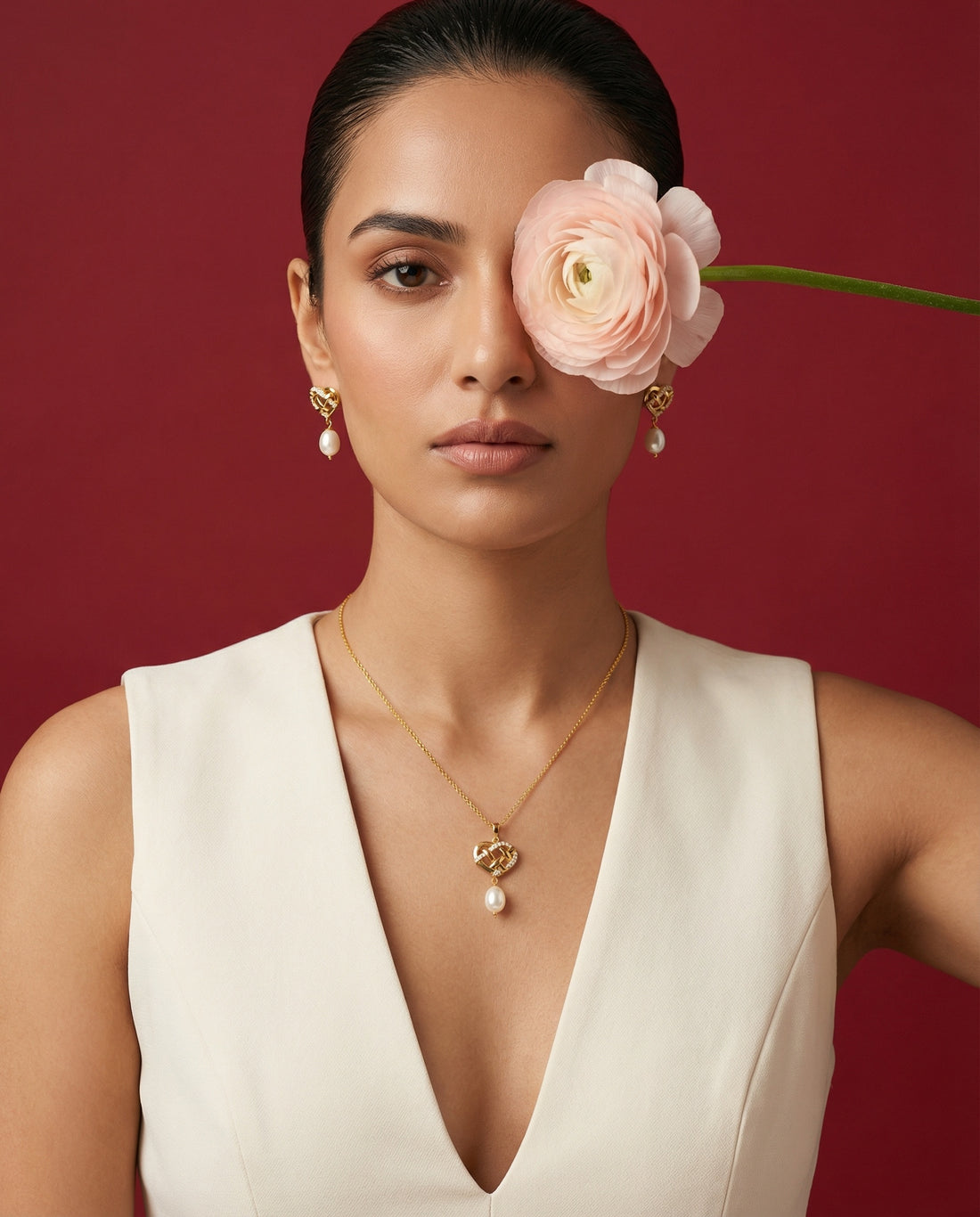 Elegant Heart Motif Pearl Drop Pendant with Earrings Set