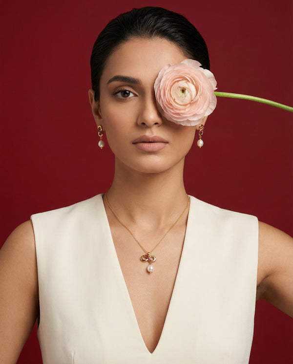 Infinity Loop Ruby-Tone Pearl Drop Pendant with Earrings Set