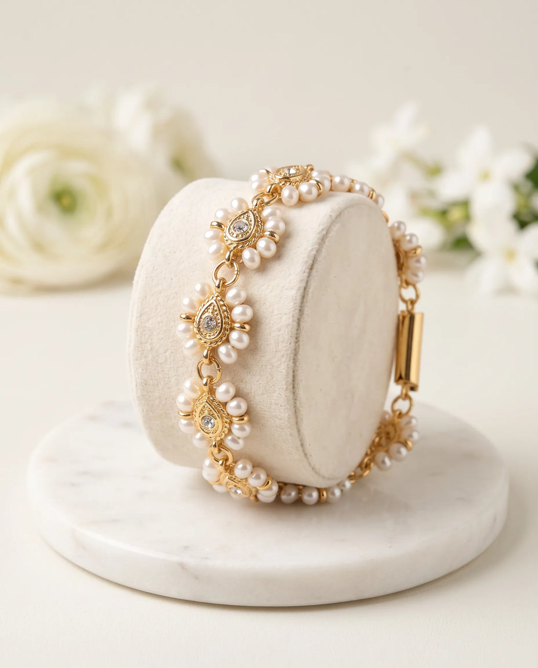 Floral Pearl Gold-Plated Bracelet with Cubic Zirconia Accents