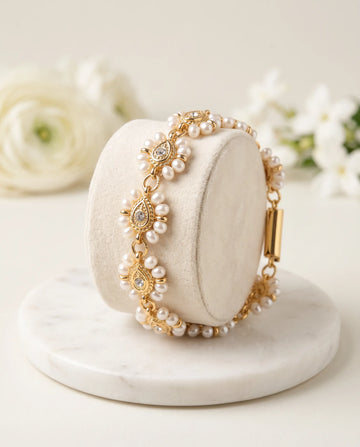 Floral Pearl Gold-Plated Bracelet with Cubic Zirconia Accents