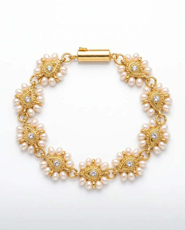 Floral Pearl Gold-Plated Bracelet with Cubic Zirconia Accents
