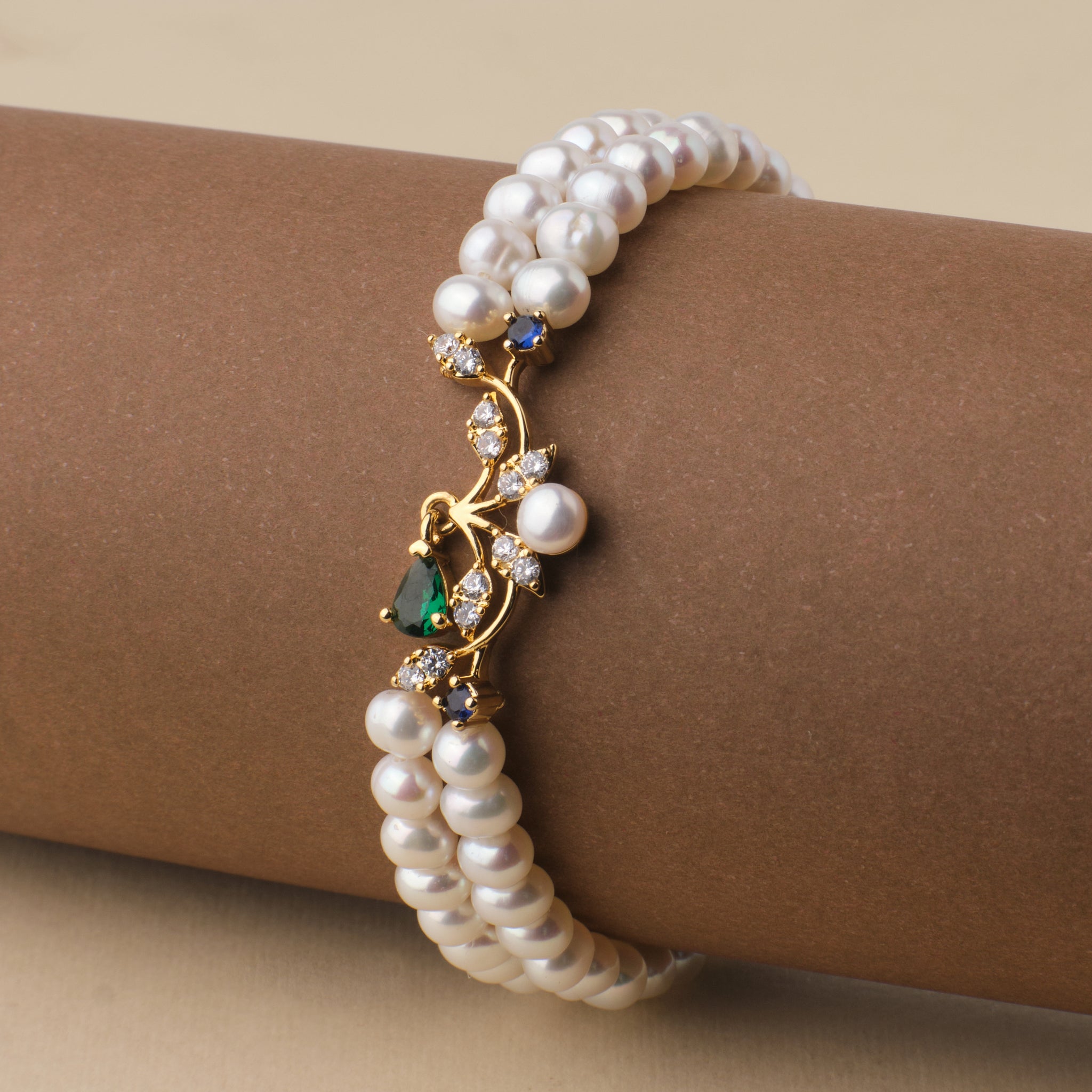 Floral Stone Studded Real Pearl Bracelet