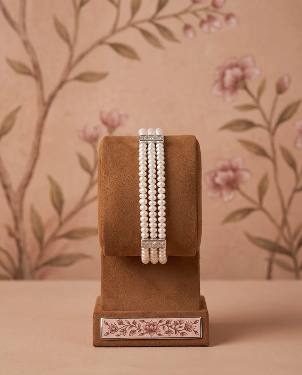 Vintage 3-Row Pearl Strand Bracelet with Diamond Accents