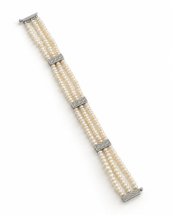 Vintage 3-Row Pearl Strand Bracelet with Diamond Accents