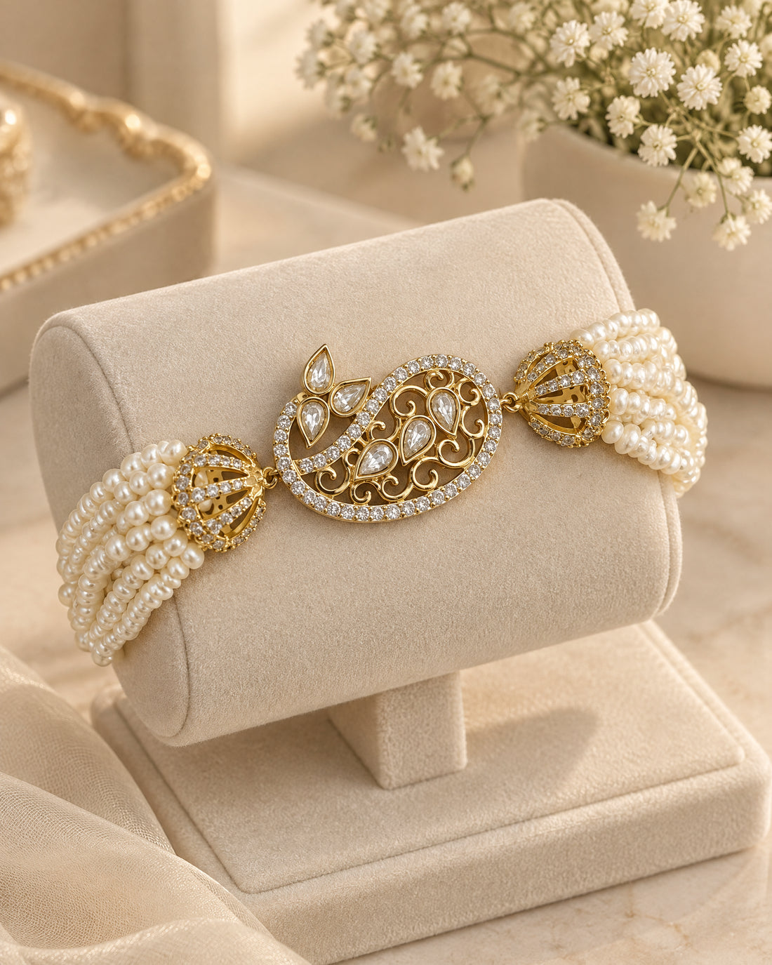 Gold-Tone Paisley Filigree Multi-Strand Pearl Statement Bracelet