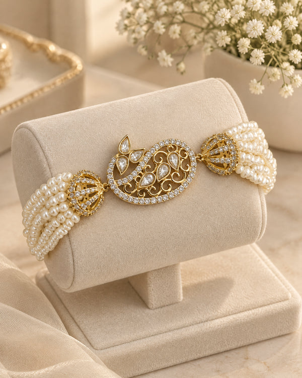 Gold-Tone Paisley Filigree Multi-Strand Pearl Statement Bracelet