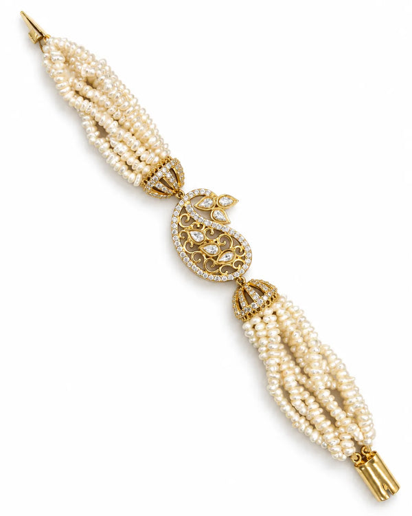 Gold-Tone Paisley Filigree Multi-Strand Pearl Statement Bracelet