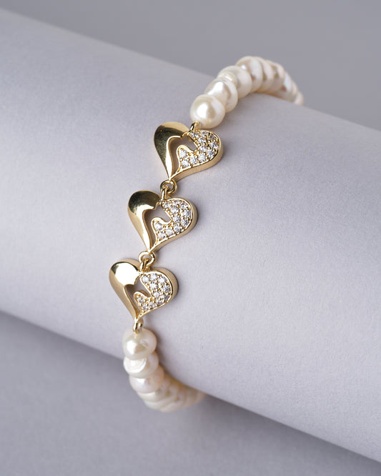 Golden Heart Rhinestone Pearl Bracelet