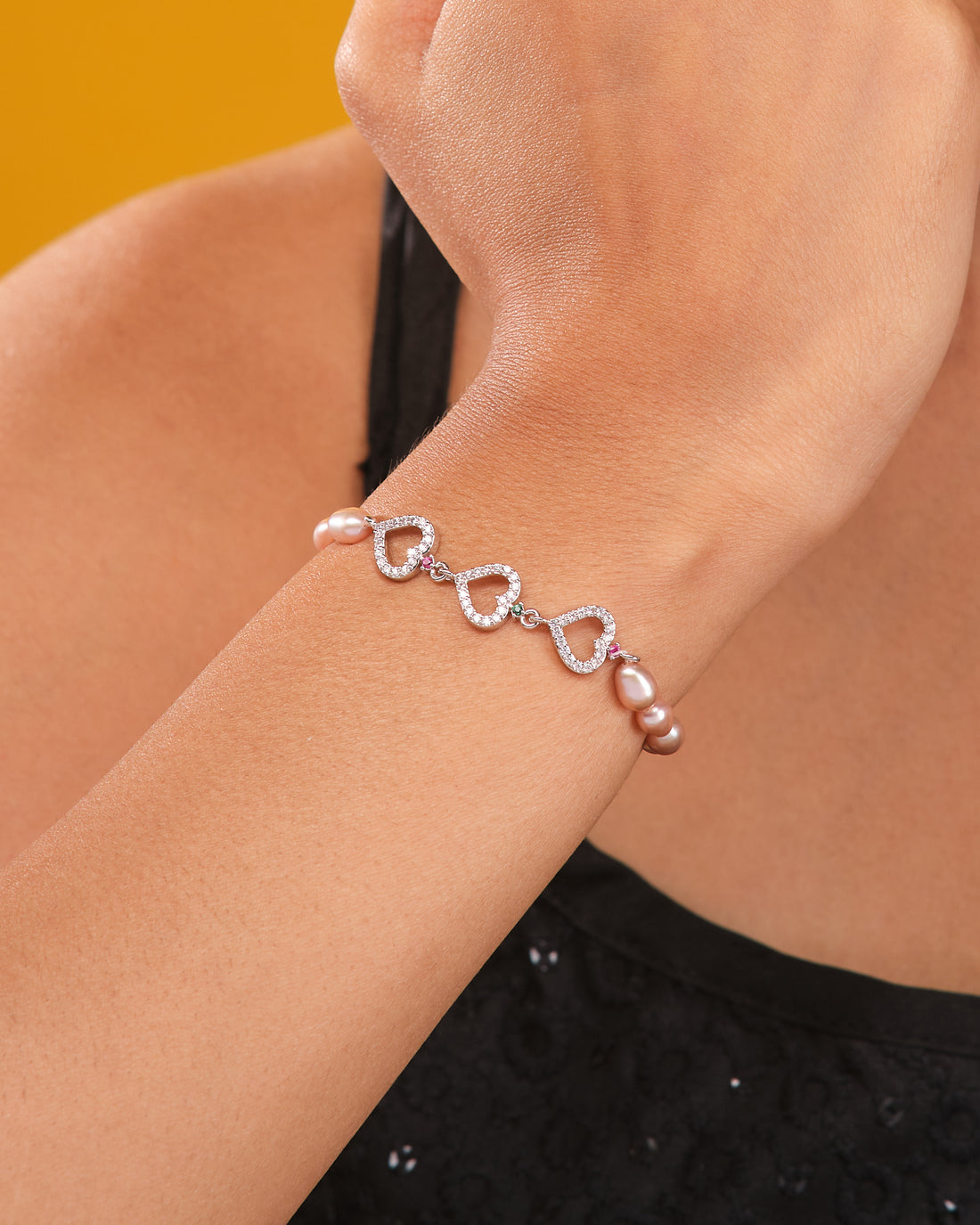 Dainty Heart Shaped Pearl Bracelet with CZ Halo Accents