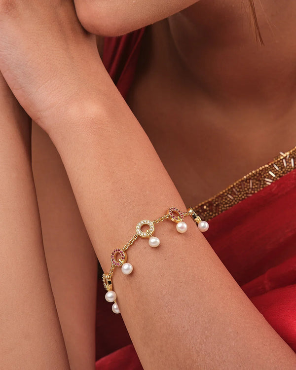 Elegant Pearl Bracelet with CZ Circle Charms